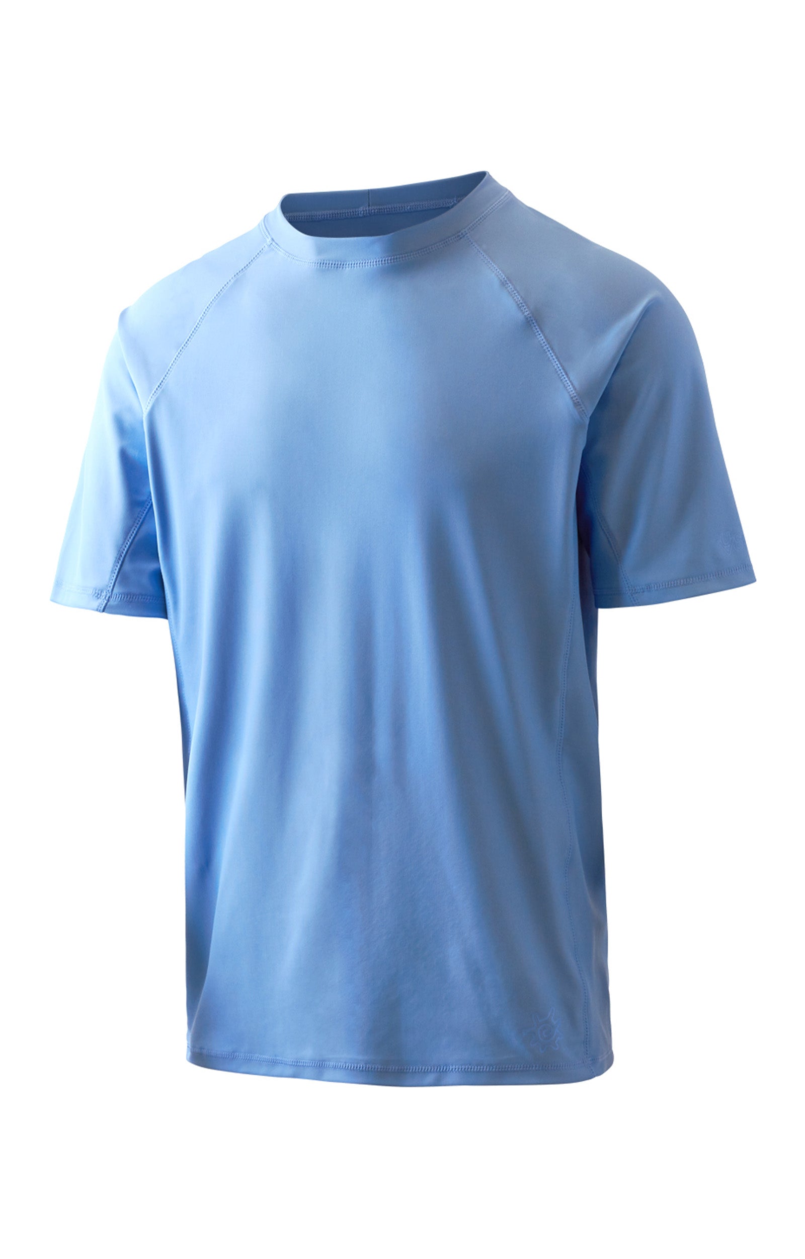side view of UV Skinz's men's short sleeve swim shirt in light blue|light-blue