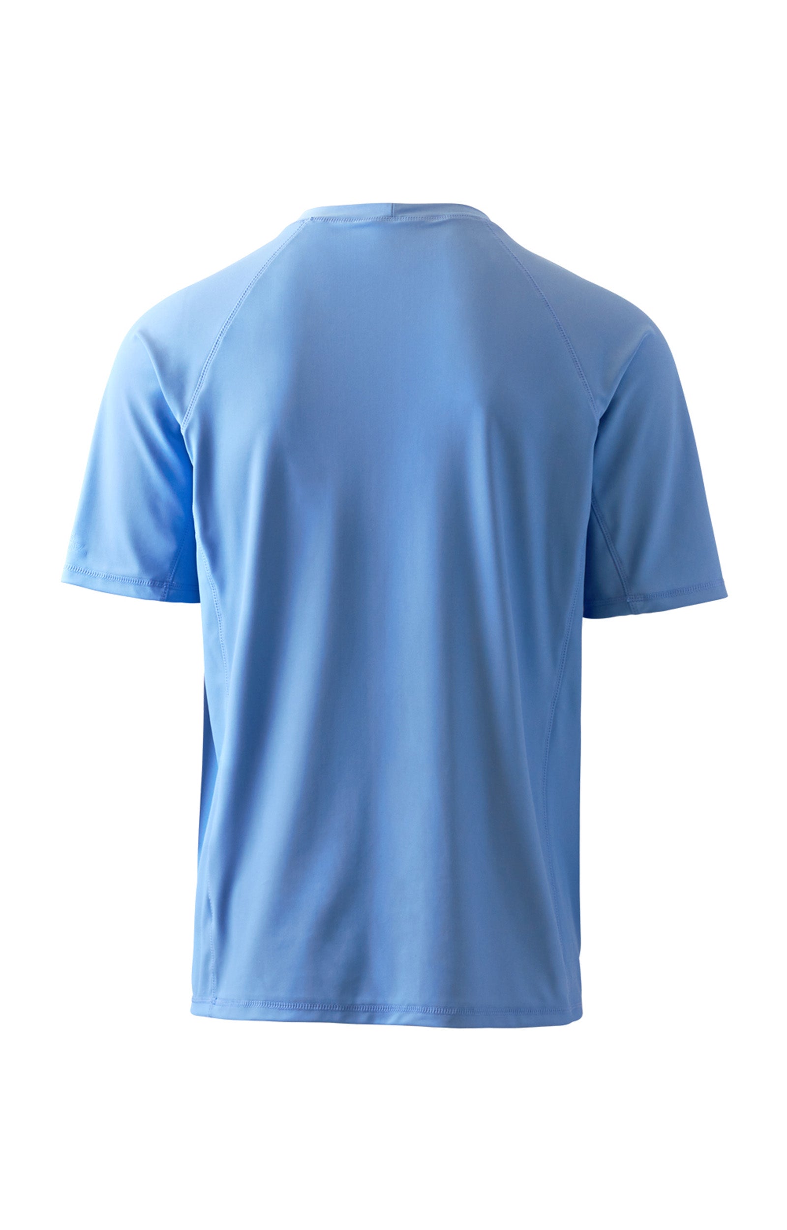 back view of UV Skinz's men's short sleeve swim shirt in light blue|light-blue