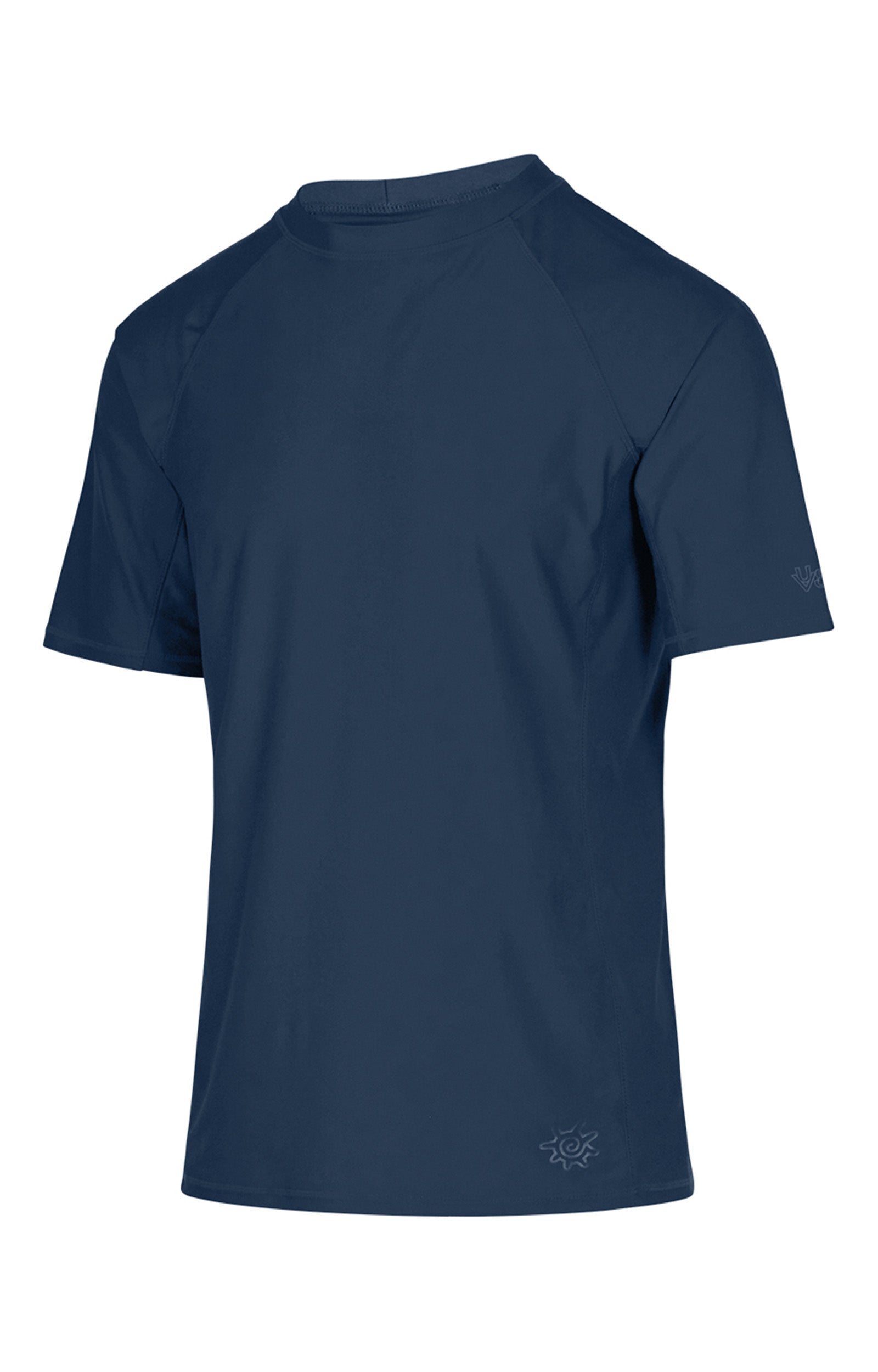 side view of the men's short sleeve swim shirt in midnight|midnight