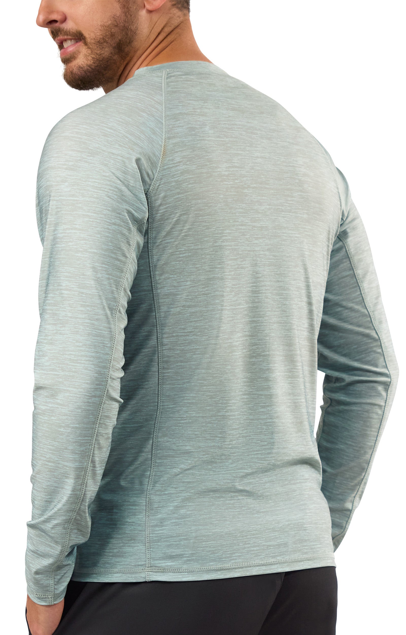 back view of mens long sleeve crew sun & swim shirt|agave-jaspe