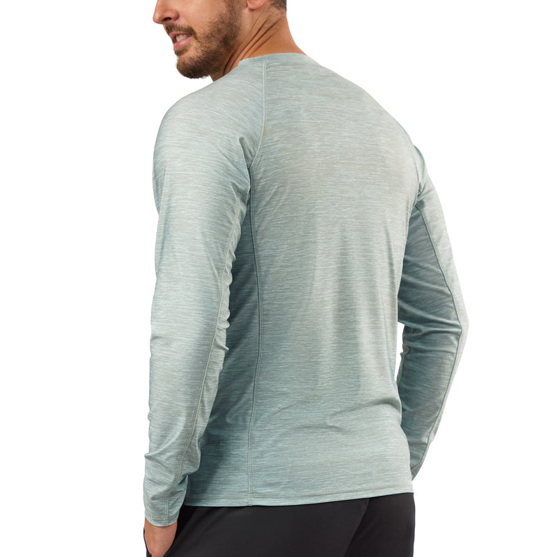 back view of mens long sleeve crew sun & swim shirt|agave-jaspe