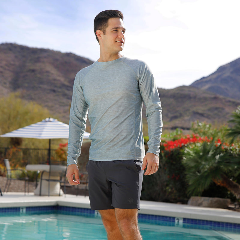 man by the pool wearing mens long sleeve crew sun & swim shirt|agave-jaspe