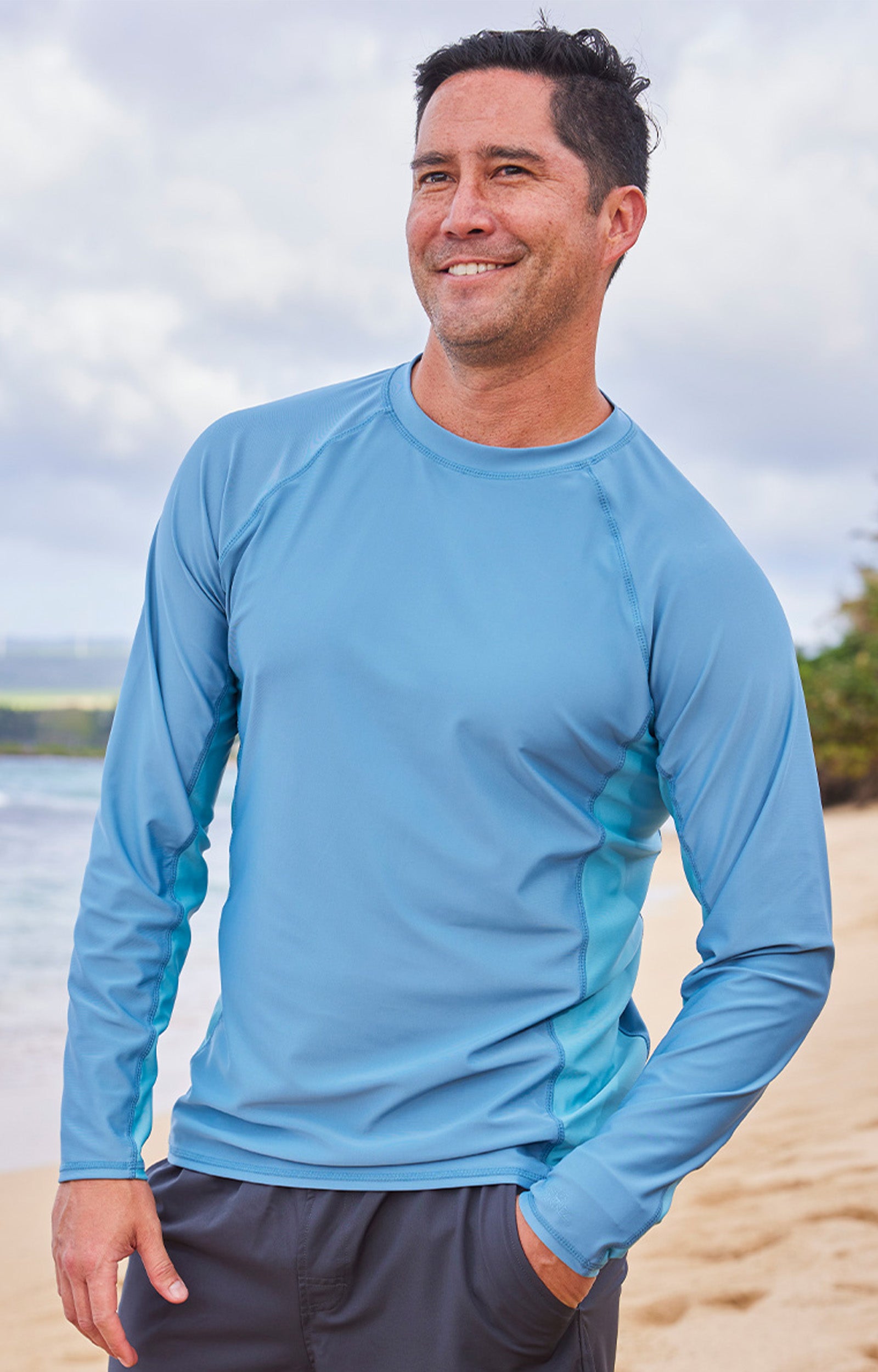 man walking on beach in long sleeve crew sun & swim shirt|baltic-lagoon