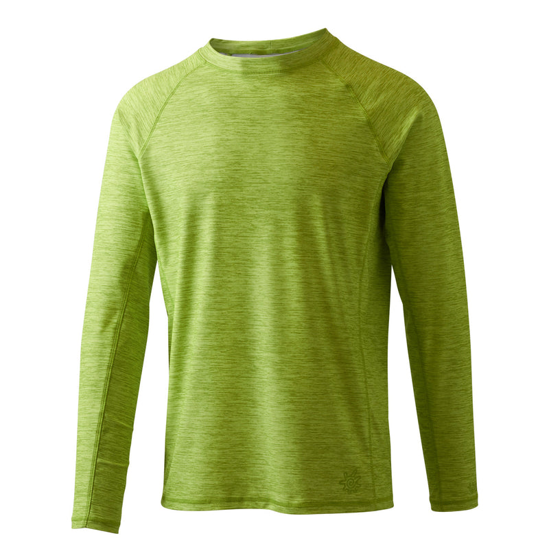 Side view of UV Skinz's men's long sleeve crew swim shirt in electric green jaspe|electric-green-jaspe