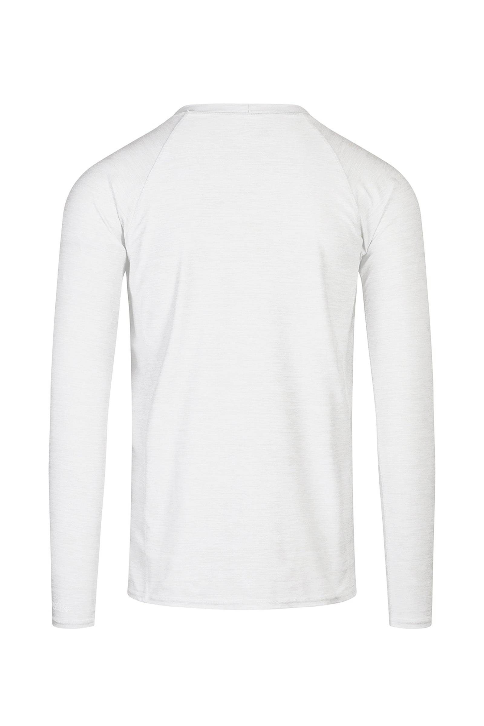 Back view of UV Skinz's men's long sleeve crew swim shirt in white jaspe