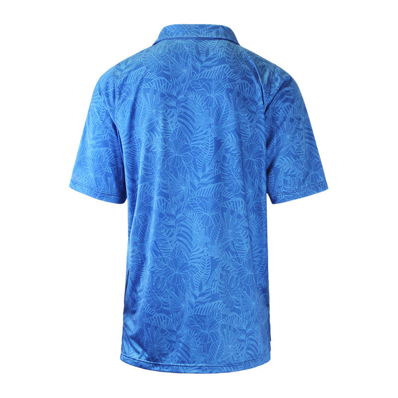 back of the men's short sleeve polo in distressed belize tropics|belize-tropics