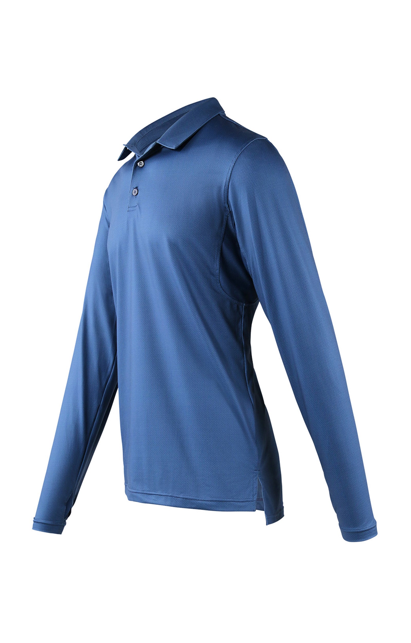 side view of mens long sleeve performance polo shirt in blue links|blue-links