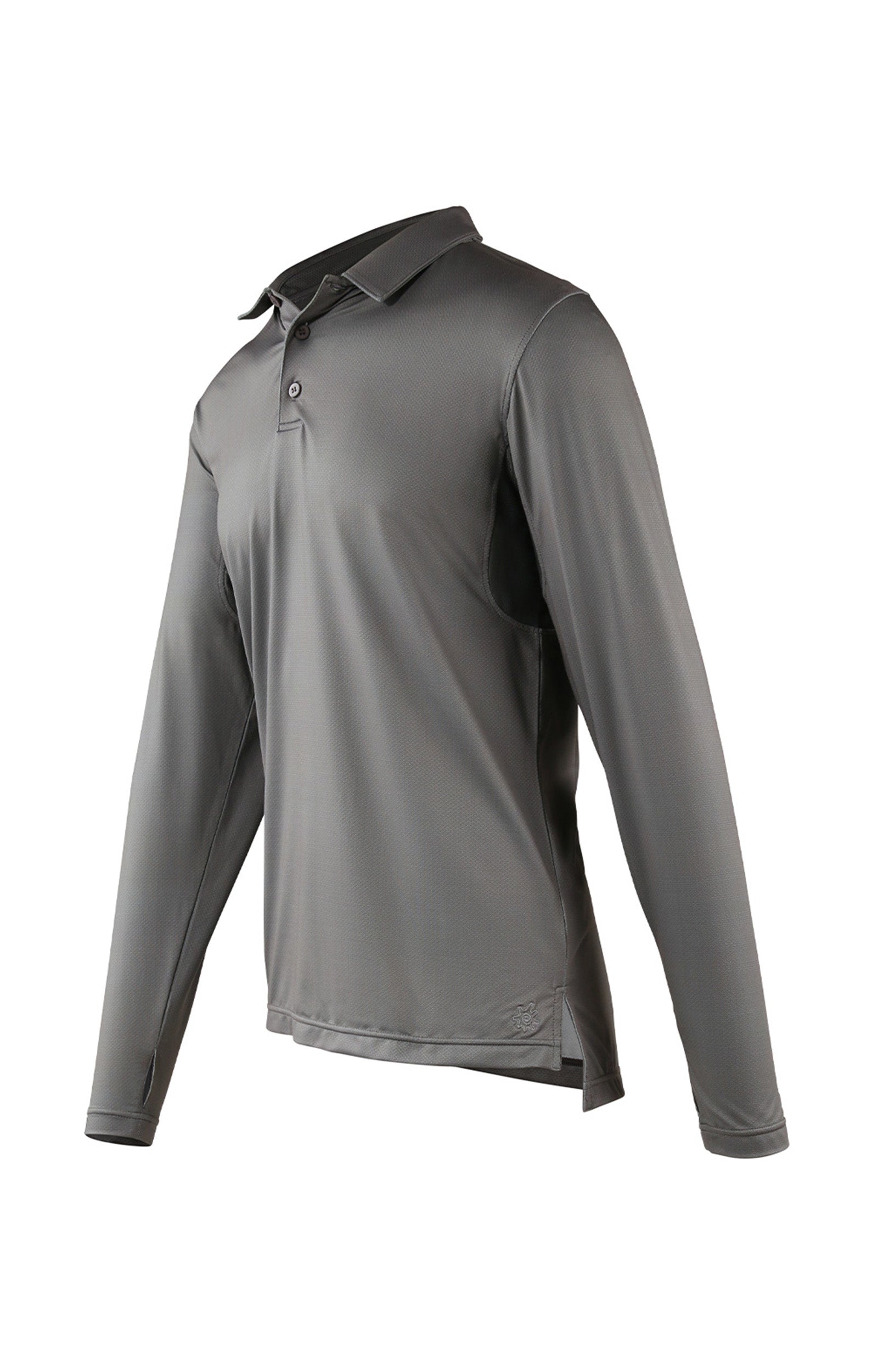 side view of mens long sleeve performance polo shirt in grey links|grey-links