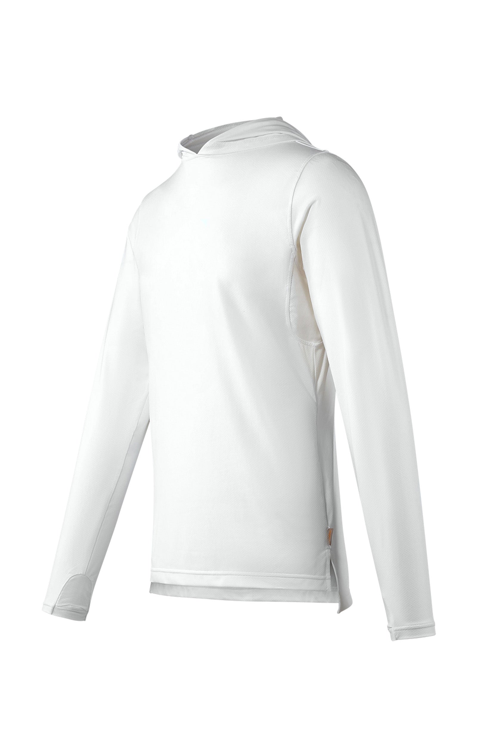 side view of mens performance sun hoodie in white|white