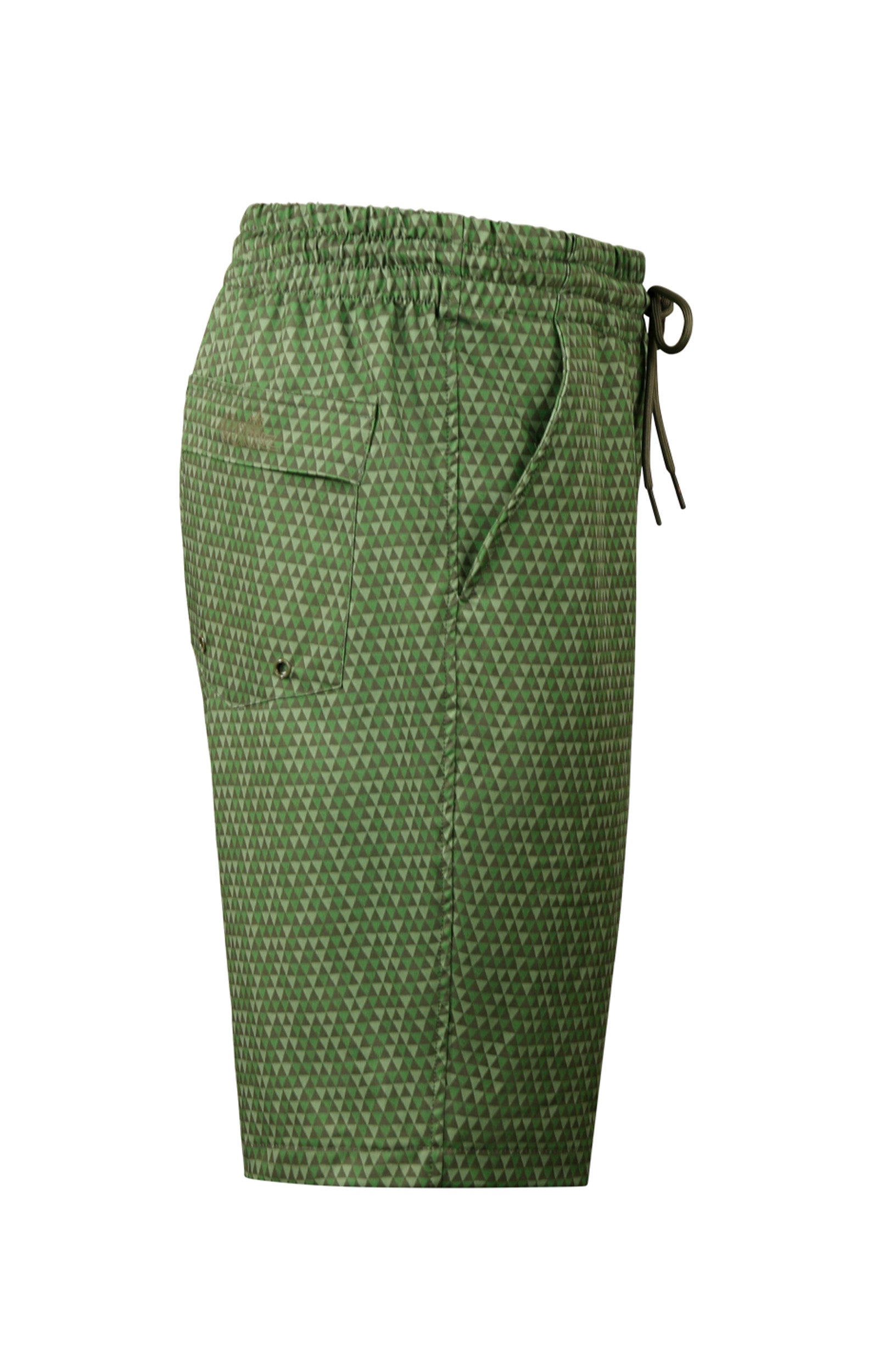 side view of the men's classic trunks in washed olive pyramid geo|washed-olive-pyramid-geo