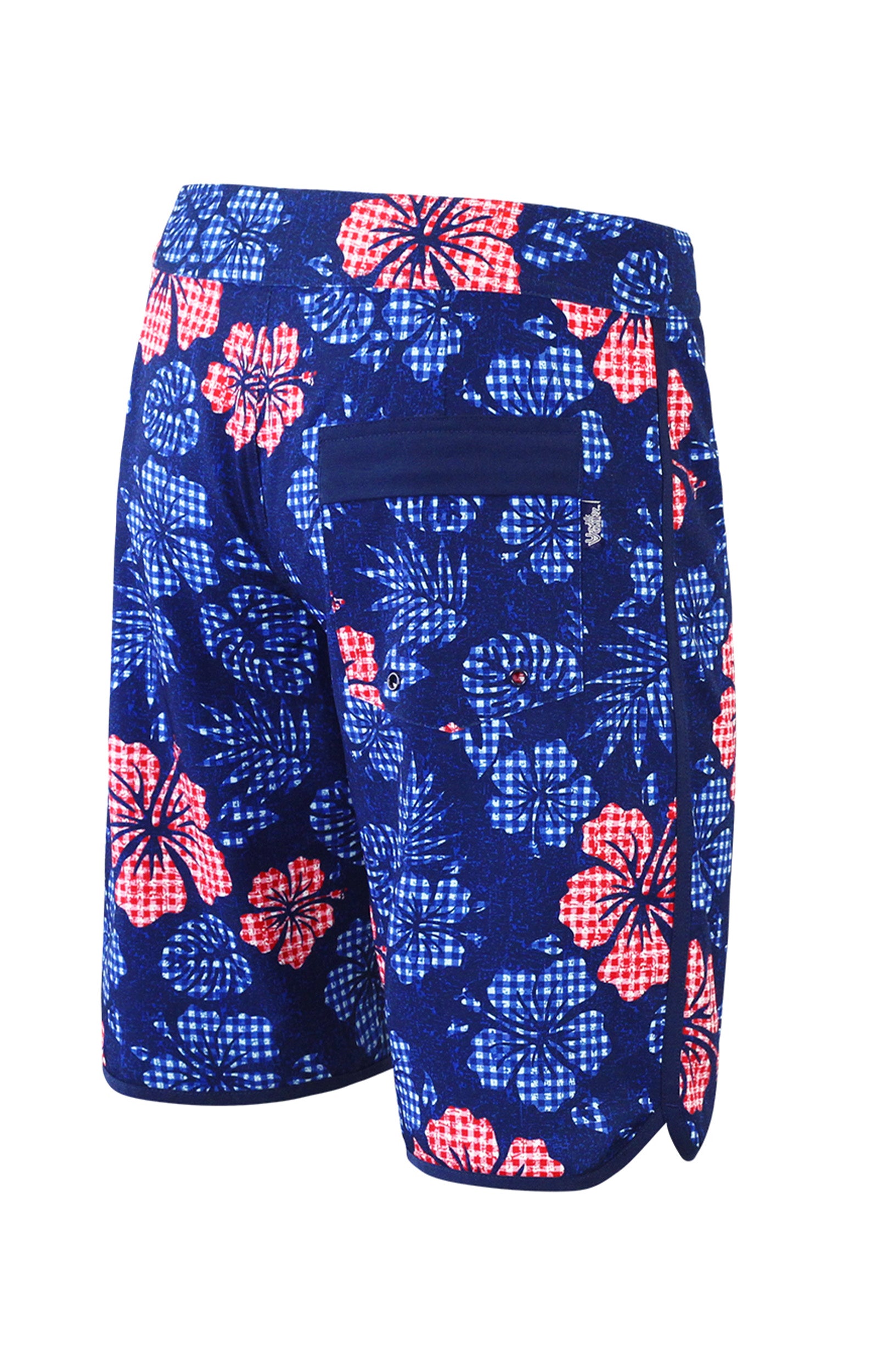side view of the men's board shorts in dark navy hibiscus|dark-navy-hibiscus