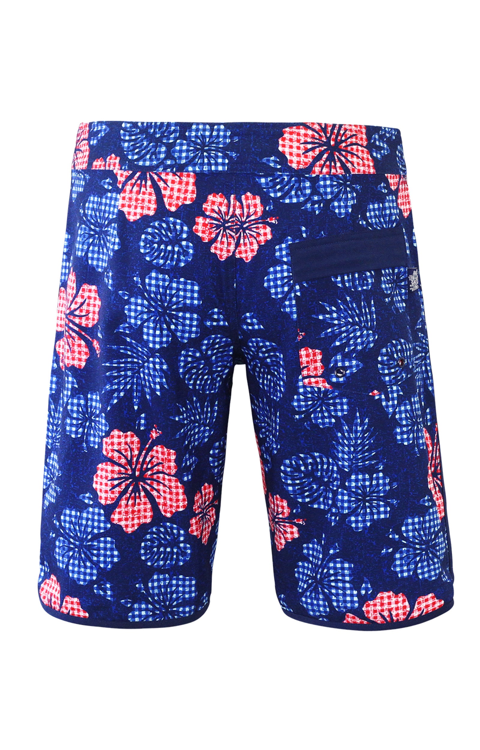 back view of the men's board shorts in dark navy hibiscus|dark-navy-hibiscus