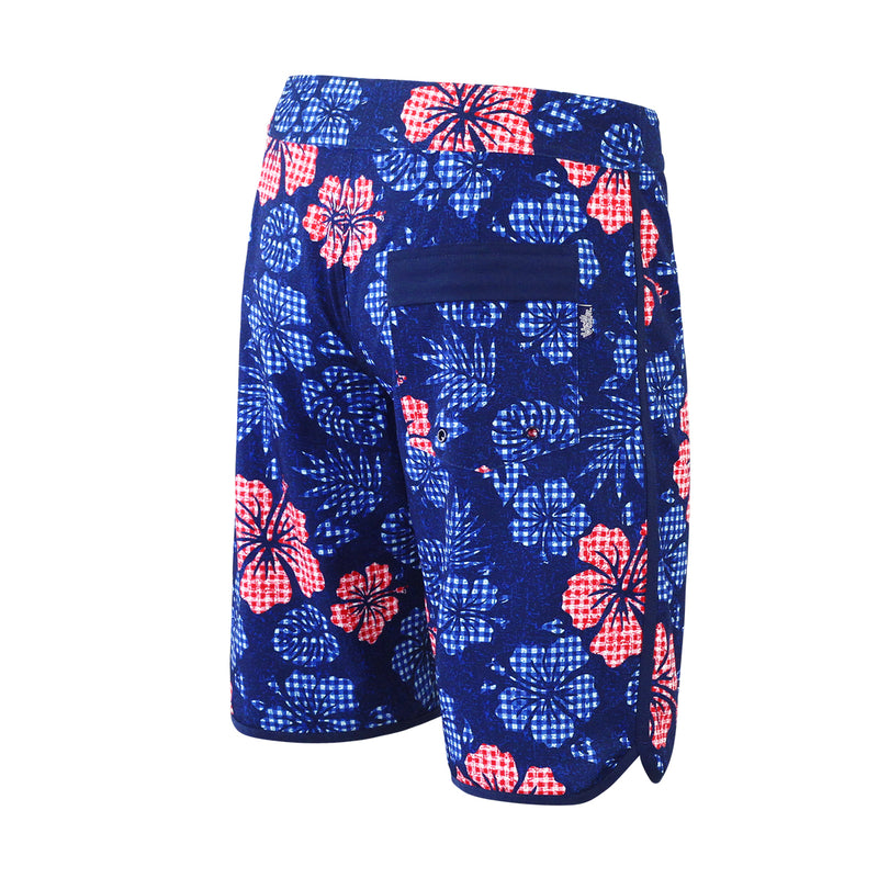 side view of the men's board shorts in dark navy hibiscus|dark-navy-hibiscus