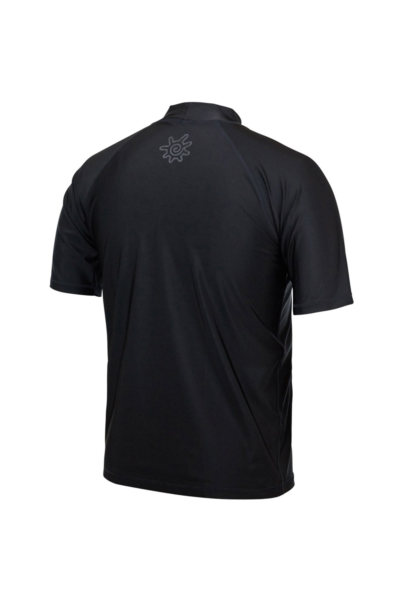 back of the men's short sleeve swim shirt in black