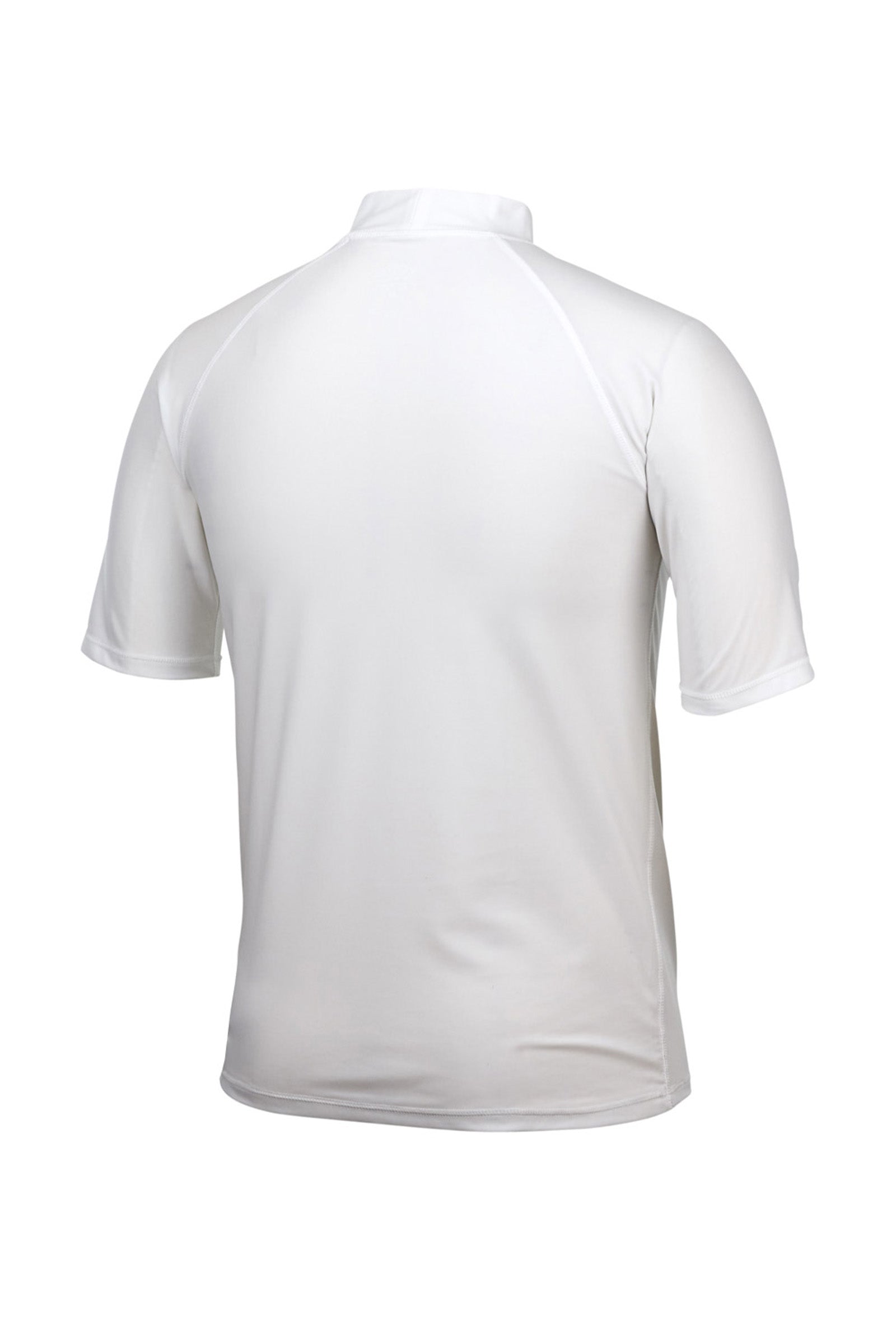 back of the men's short sleeve swim shirt in white