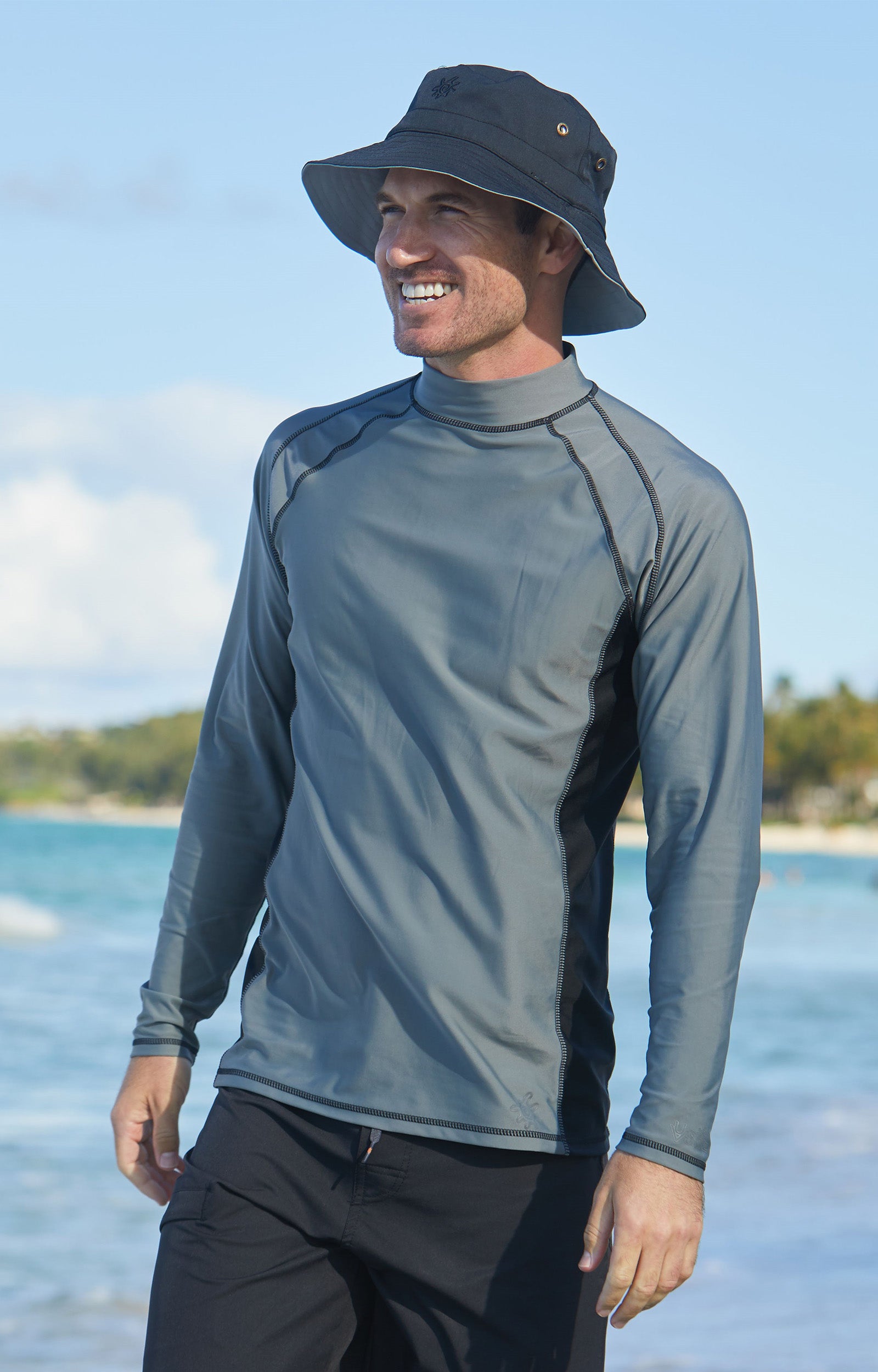Man in UV Skinz's men's long sleeve active swim shirt in steel grey|steel-grey
