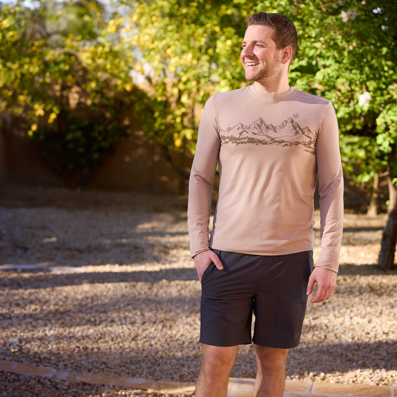 man walking in long sleeve everyday tee UPF|sandstone