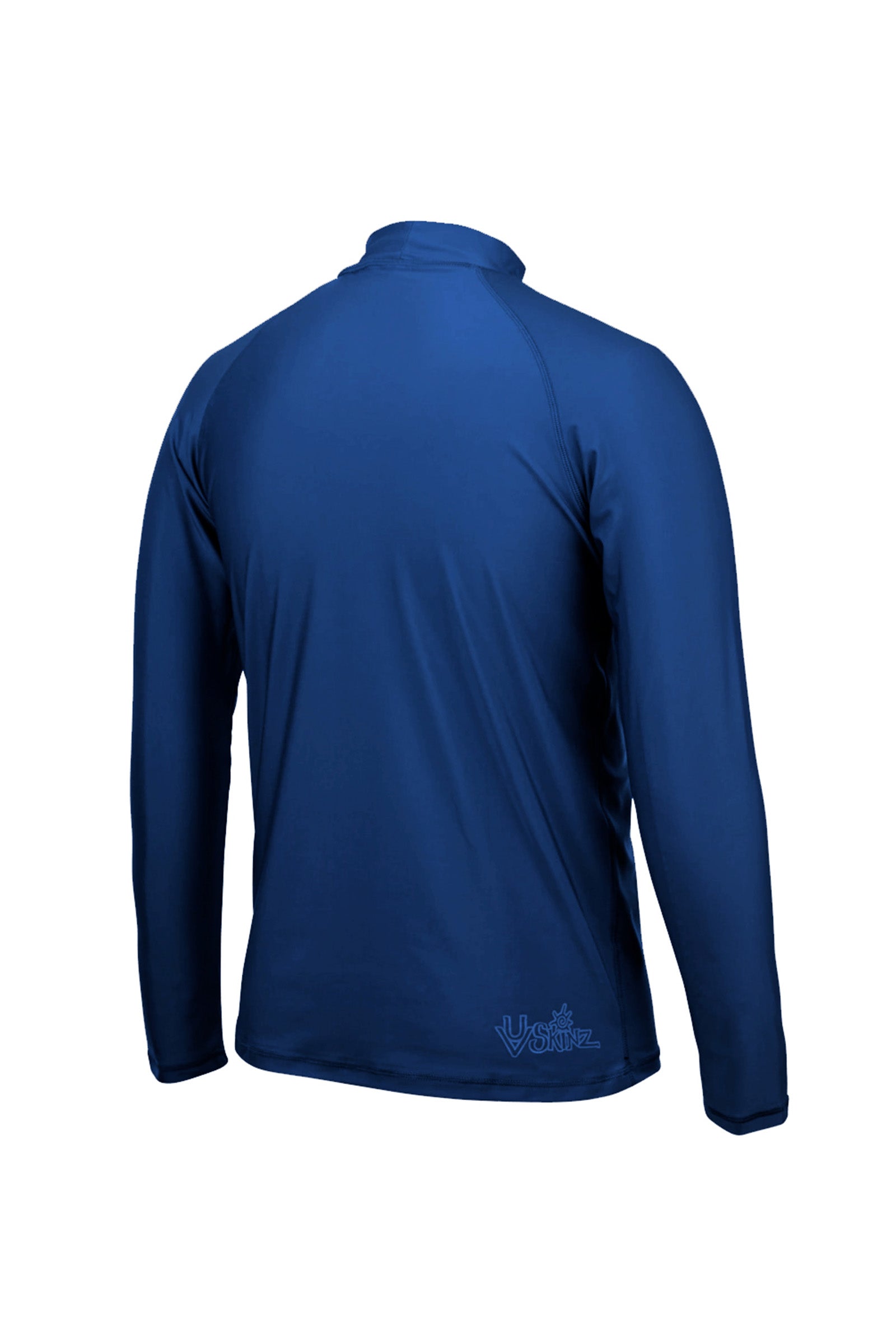 Back of the men's long sleeve swim shirt in dark navy
