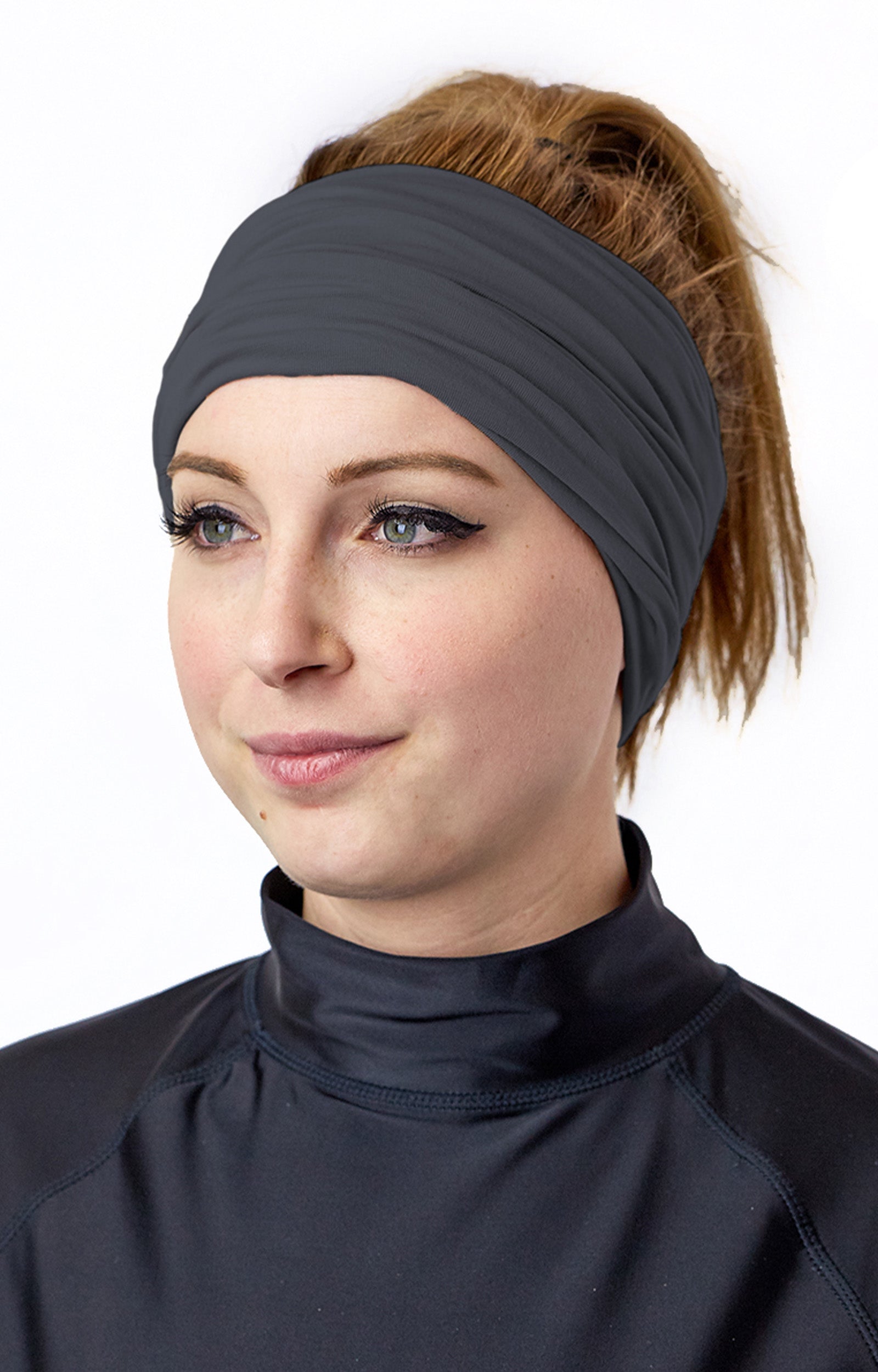 Woman Wearing the Bamboo UV Neck and Face Covering in Charcoal as a Headband|charcoal