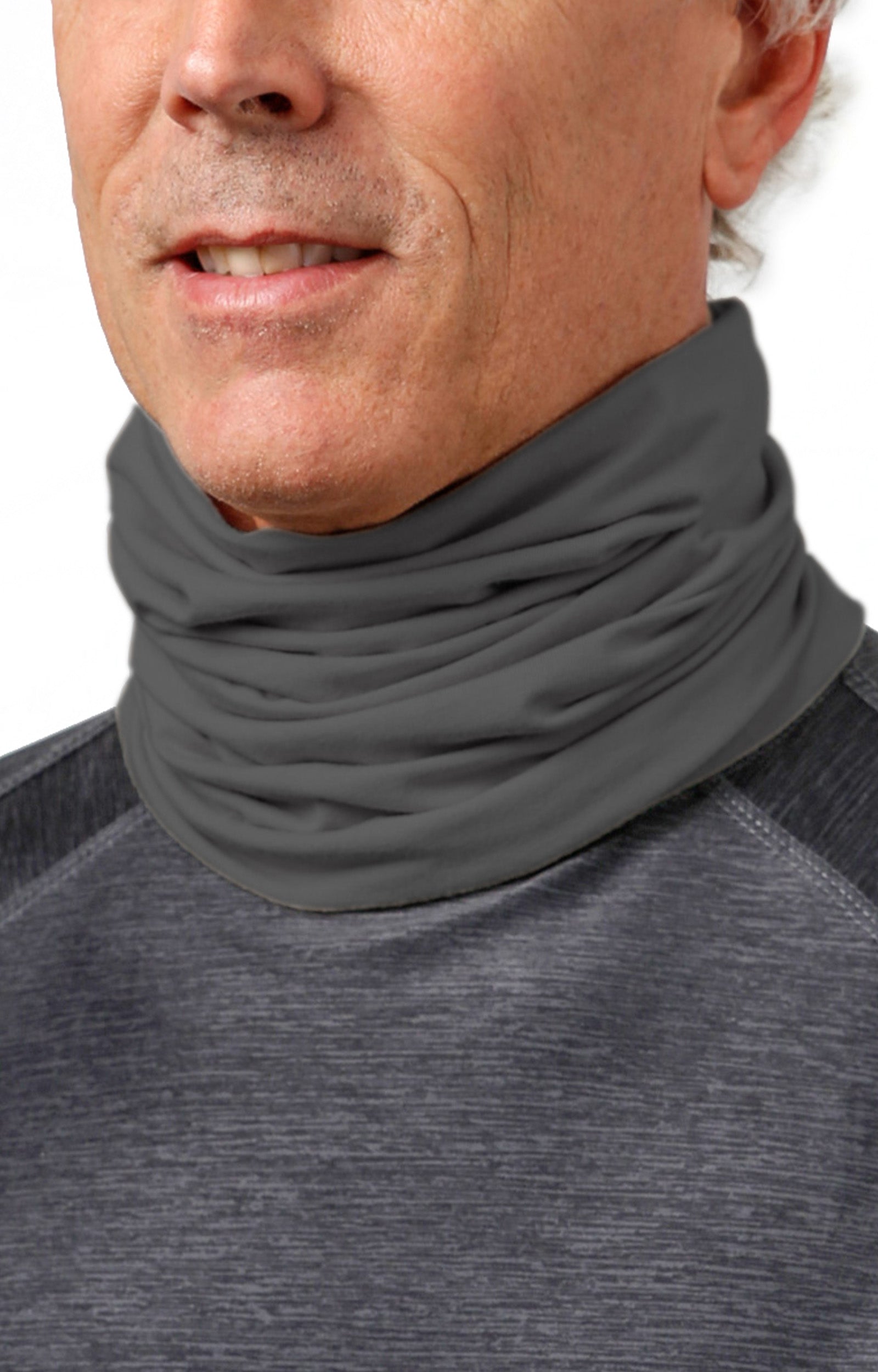 Close Up of the Bamboo UV Neck and Face Covering in Charcoal|charcoal