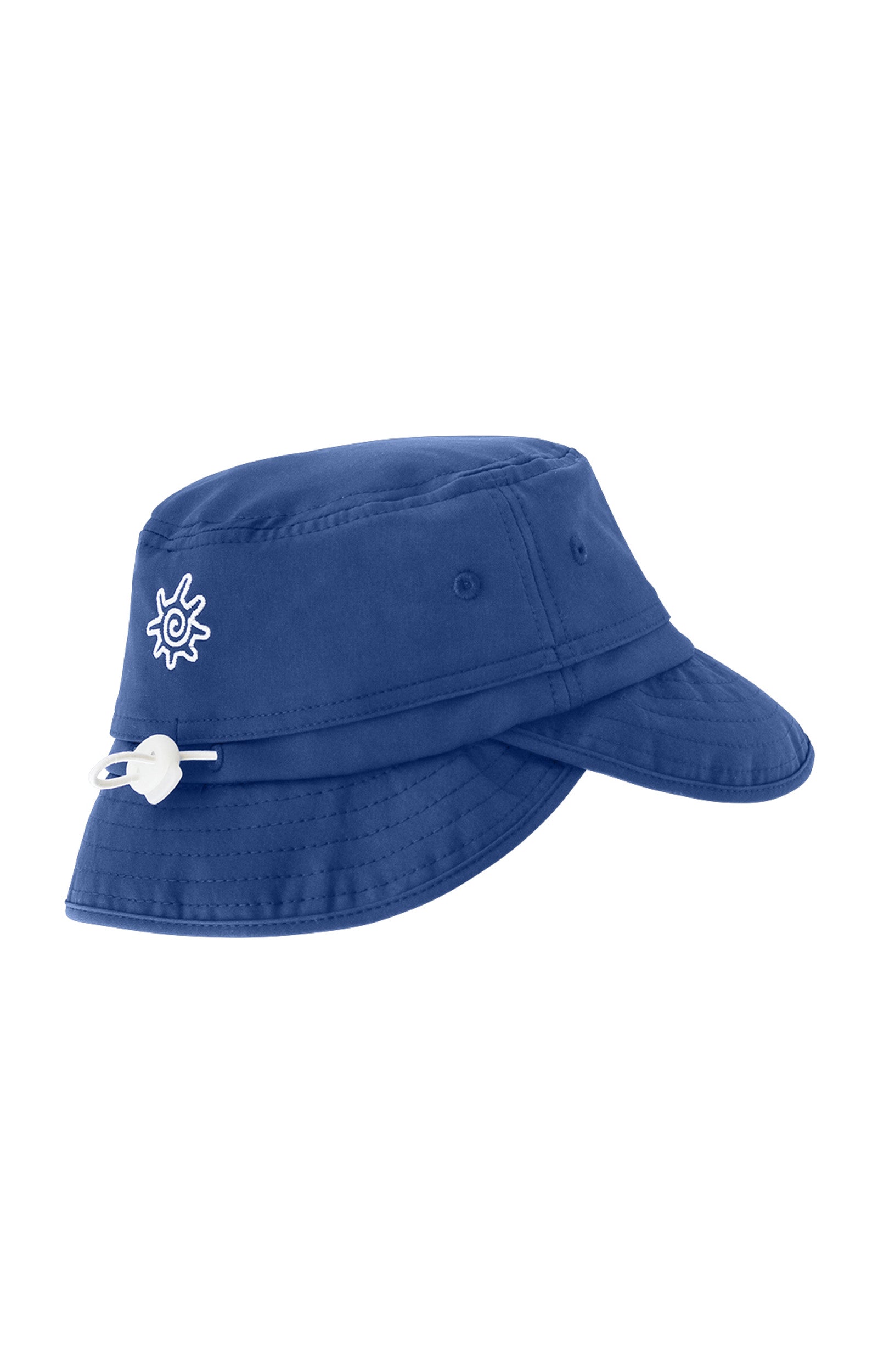 back view of the kid's adjustable flap sun hat in navy blue|navy-blue