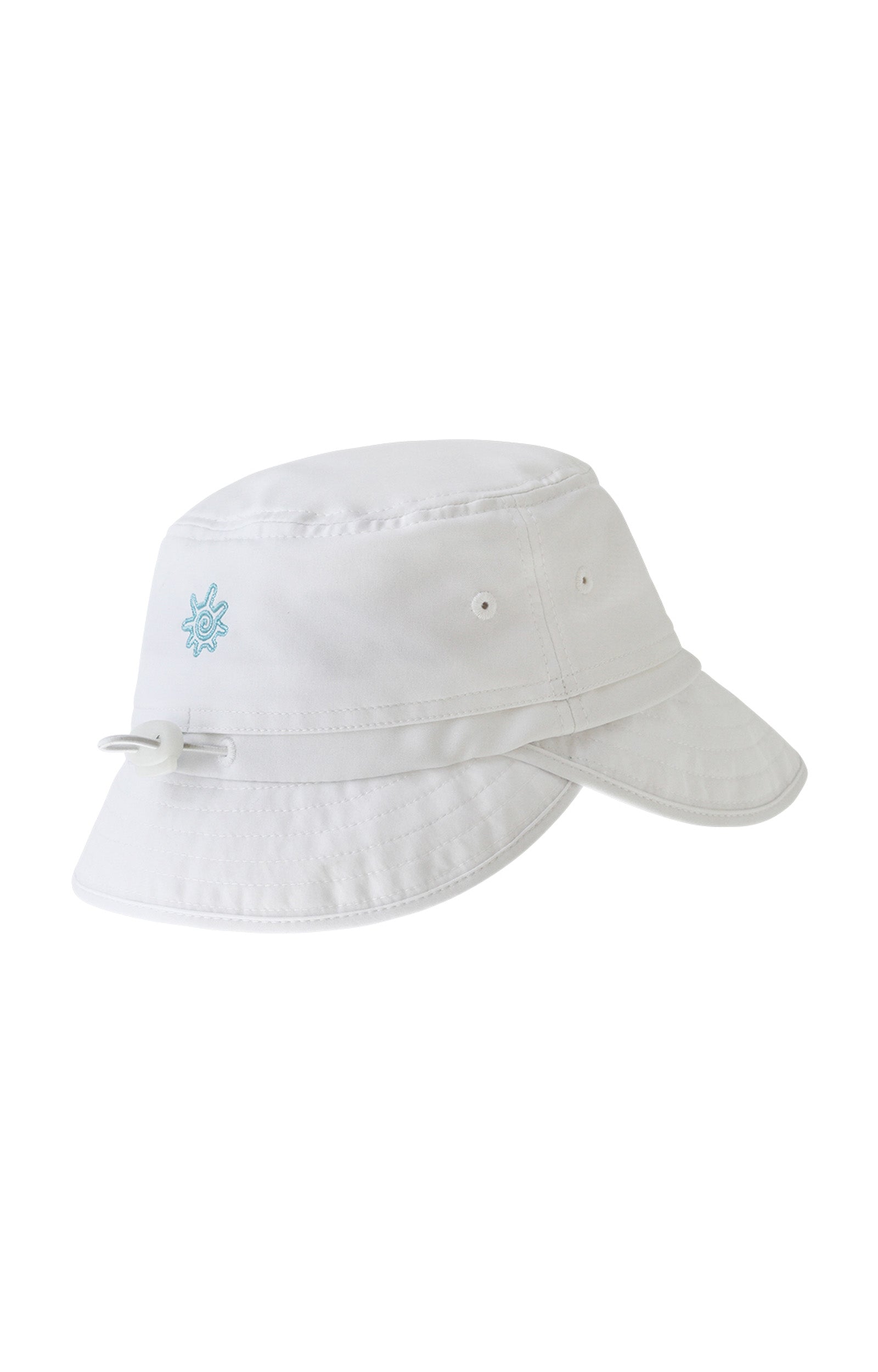 back view of the kid's adjustable flap sun hat in white|white