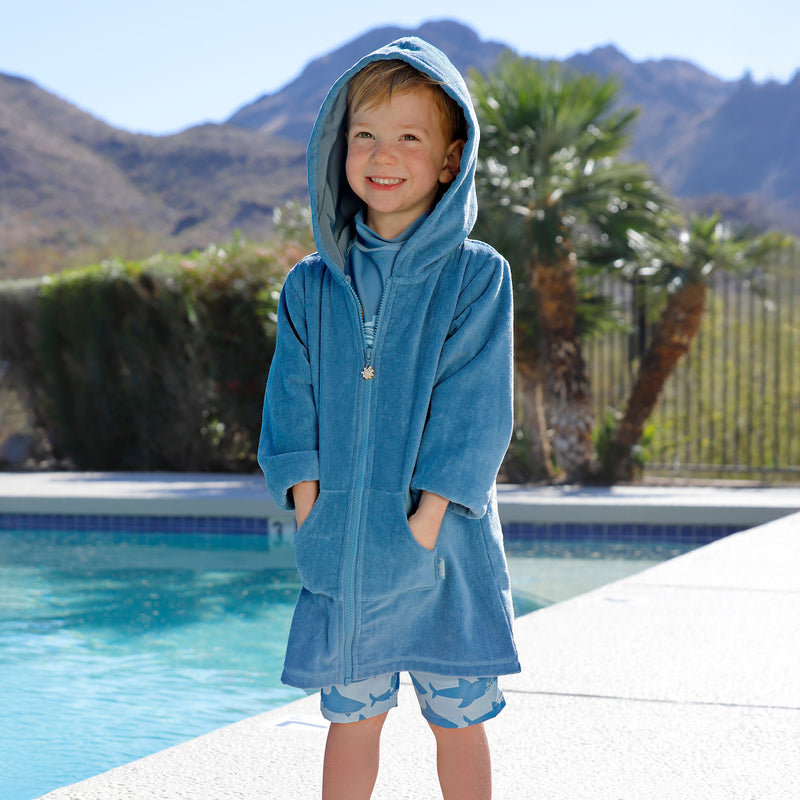 kid by the pool in kids hooded terry beach cover up|baltic