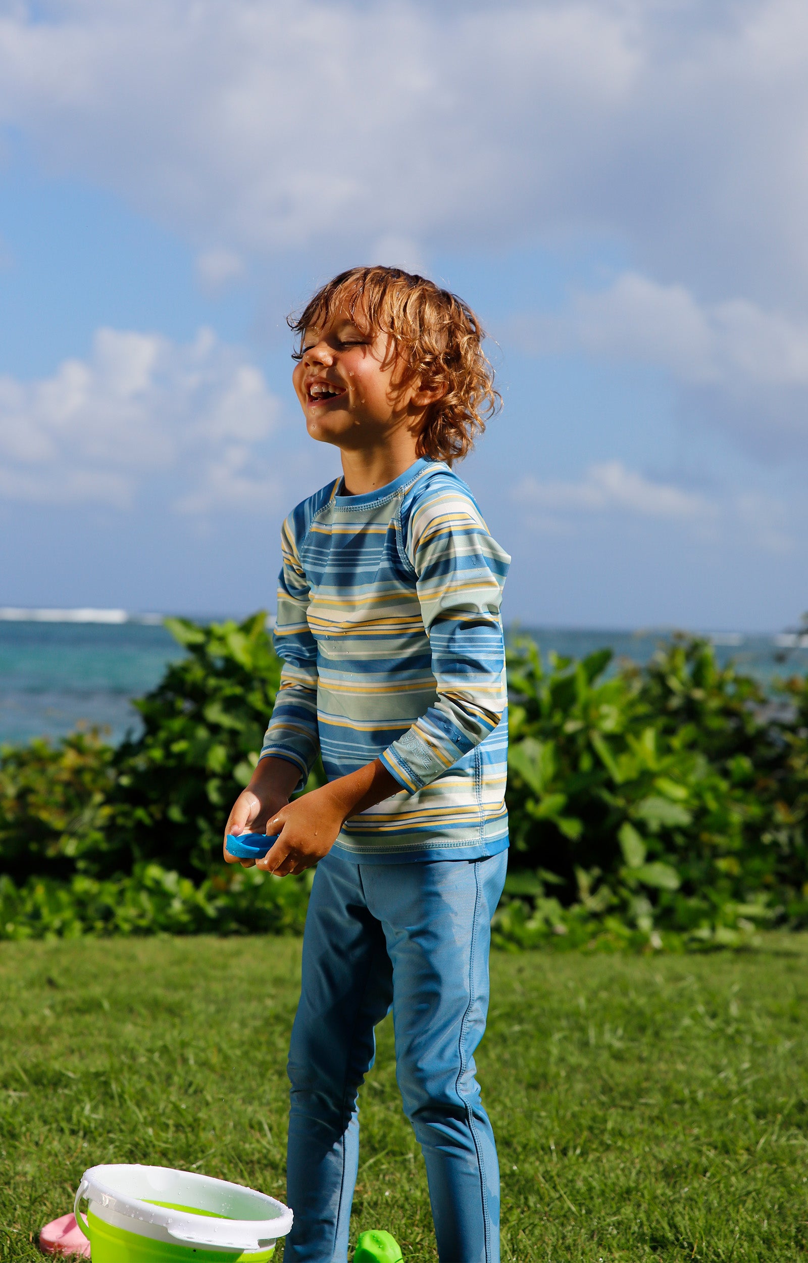 boy playing in kid's long sleeve crew sunny swim shirt in pinecrest stripe|pinecrest-stripe