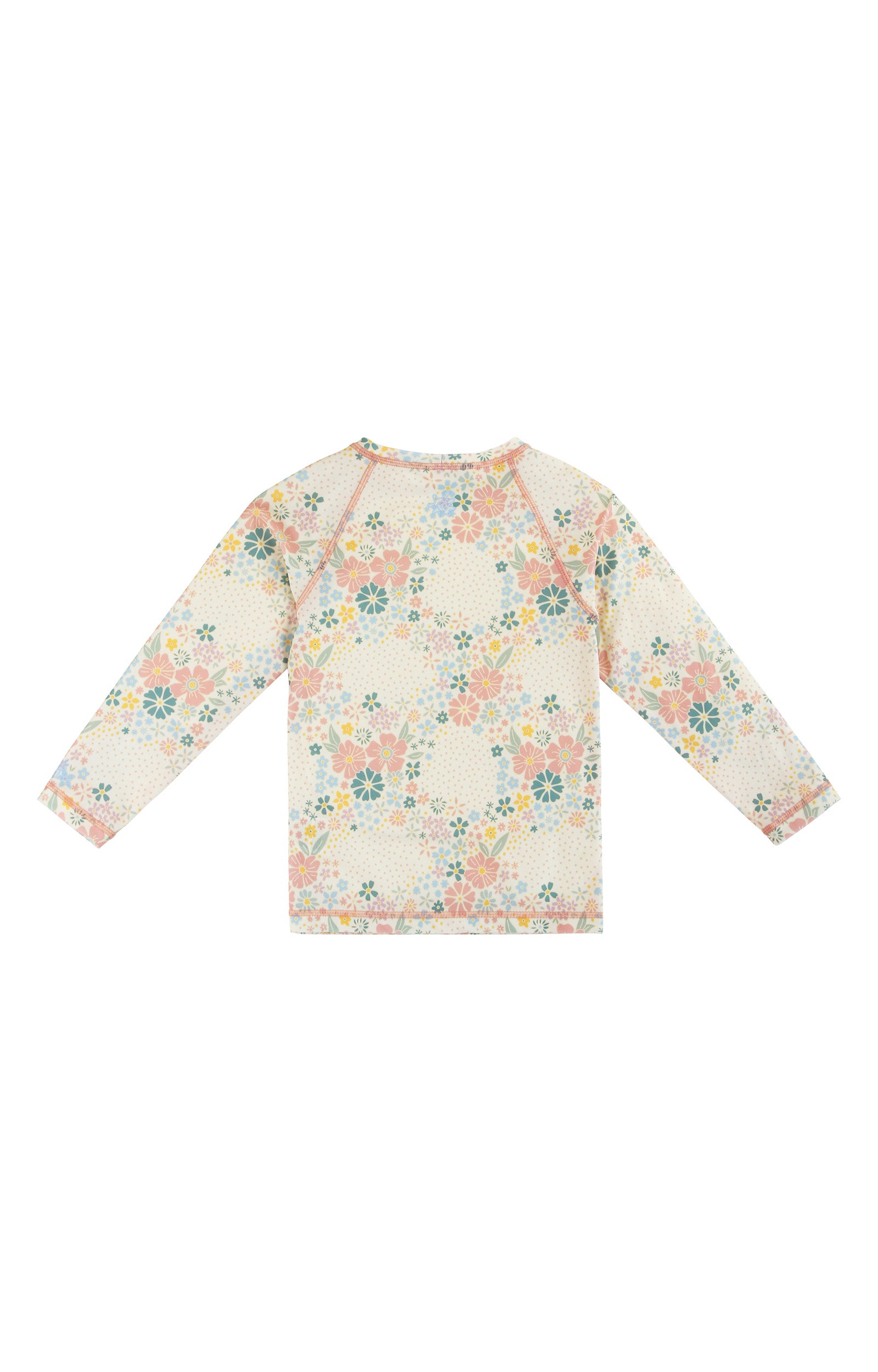 back view of kids long sleeve crew sunny swim shirt in secret garden|secret-garden