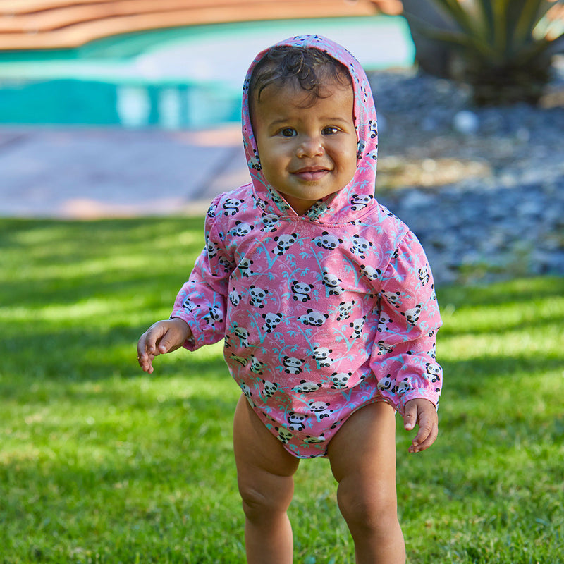 Little Baby in Baby Girl's Hooded Sunzie in Curious Pandas|curious-pandas