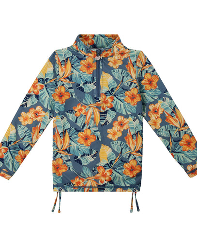 Girl's Half Zip Ruched Sun and Swim Shirt|maui-hibiscus