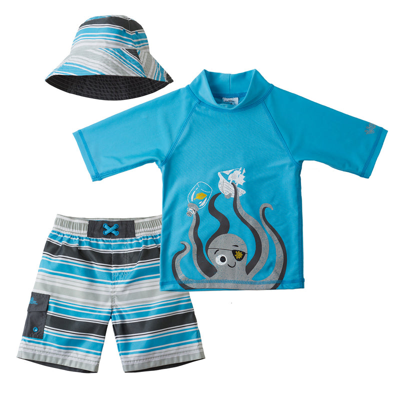 boy's matching three-piece swimsuit in aqua octopus stripe|aqua-octopus-stripe