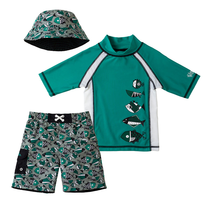 boy's matching three-piece swimsuit in green aztec fish|green-aztec-fish