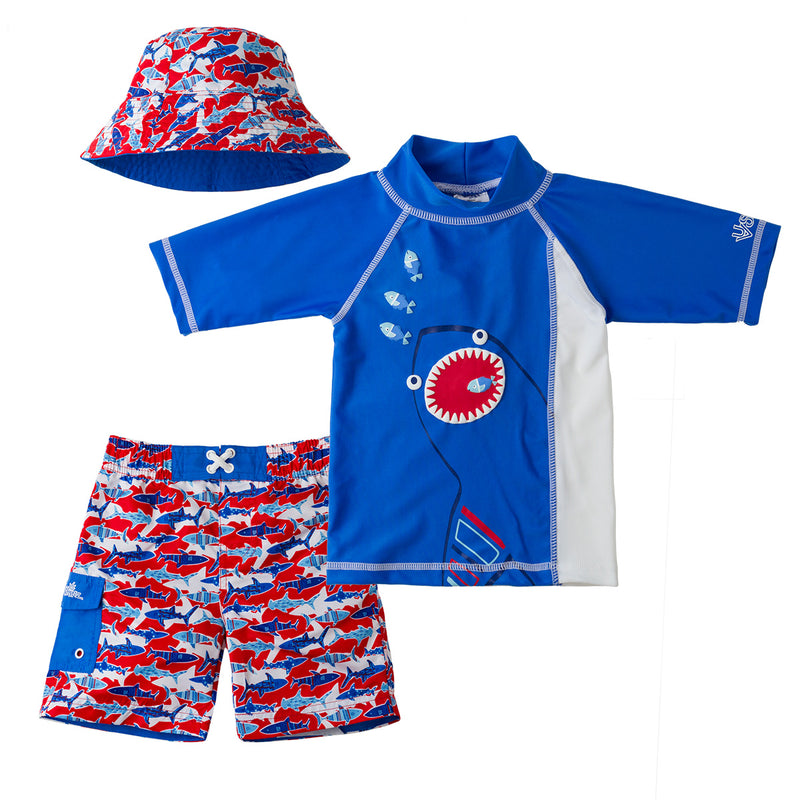 boy's matching three-piece swimsuit in blue sharks|blue-sharks