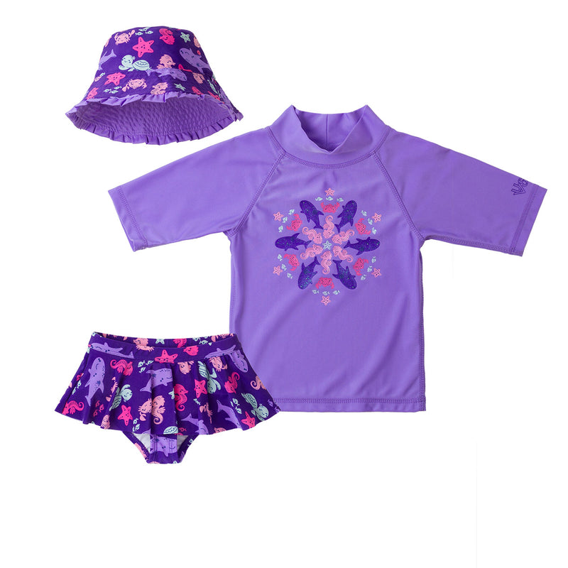 girls three piece swimsuit set in purple sea critters|purple-sea-critters