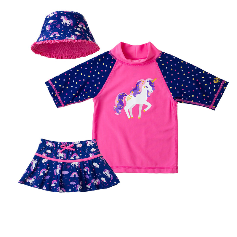 girls three piece swimsuit in bubble gum prancing unicorn|bubblegum-prancing-unicorn