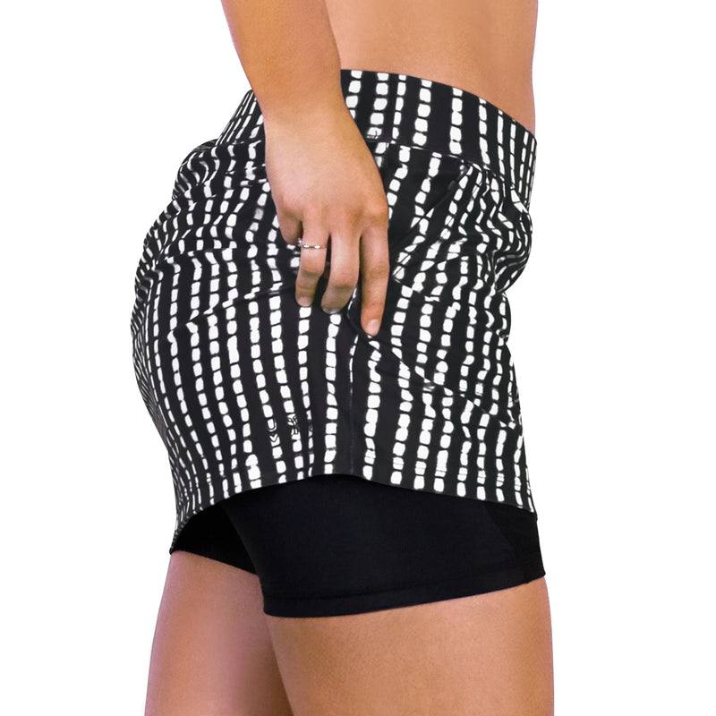 Close up of the shorts under the women's active swim skirt in black reflection|black-reflection