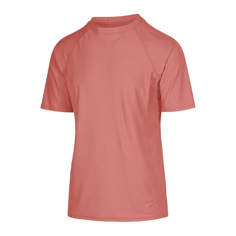 side view of men's short sleeve swim shirt in canyon|canyon