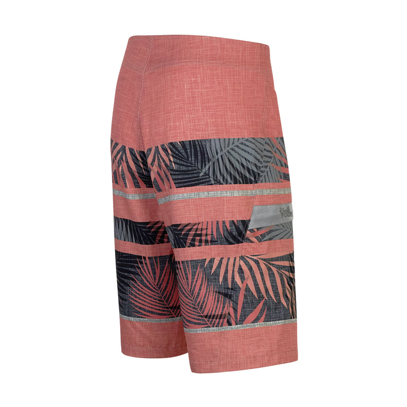 back view of the men's coastal board shorts in canyon tropical stripe|canyon-tropical-stripe