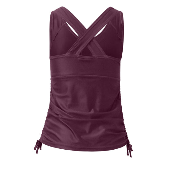 Back of women's ruched swim tank top in wine|wine