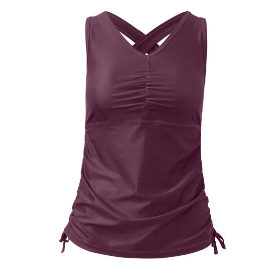 Women's ruched swim tank top in wine|wine