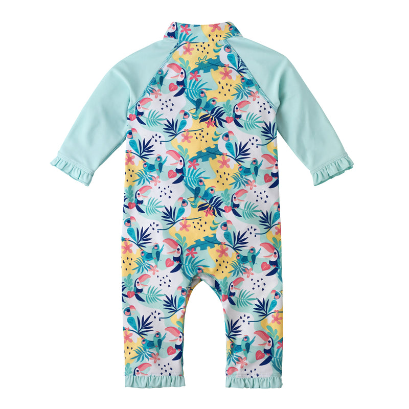 back of the baby girls long-sleeve swimsuit in beach glass toucan|beach-glass-toucan