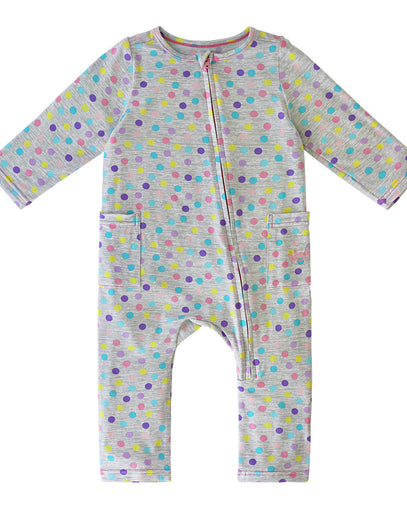 baby girl's long sleeve everyday romper in rainbow sprinkles|rainbow-sprinkles