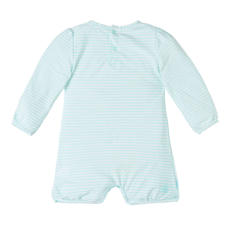 Back of the Baby girl's hoodied sunzie in beach glass stripe|beach-glass-stripe