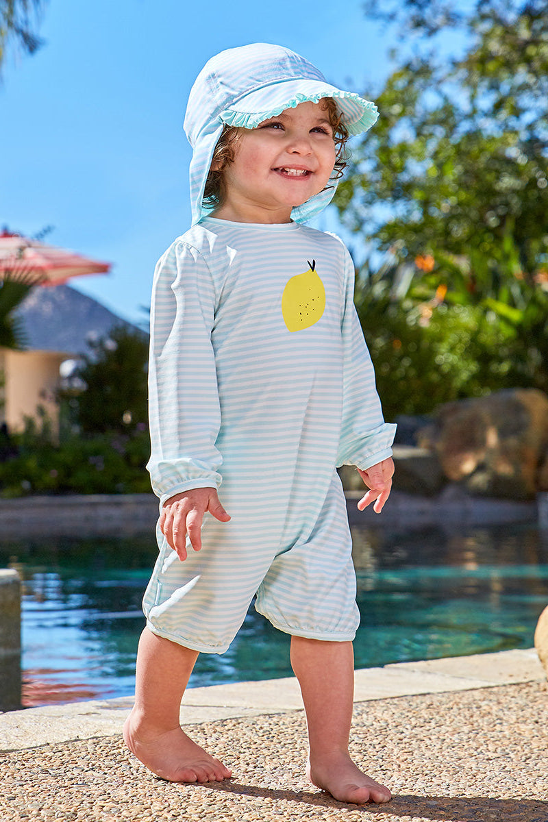 Baby in UV Skinz's Baby girl's hoodied sunzie in beach glass stripe|beach-glass-stripe