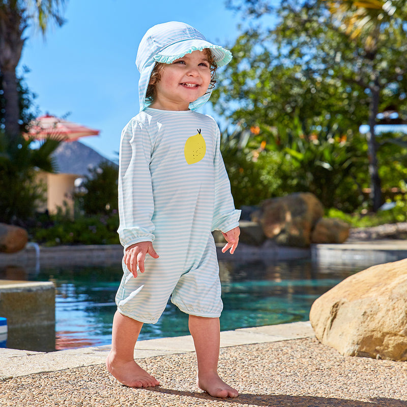 Baby in UV Skinz's Baby girl's hoodied sunzie in beach glass stripe|beach-glass-stripe