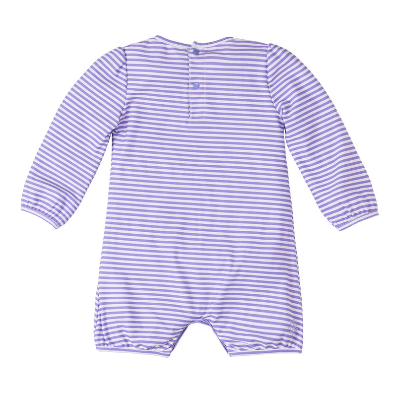 Back of the Baby girl's hoodied sunzie in lavendar stripe|lavender-stripe