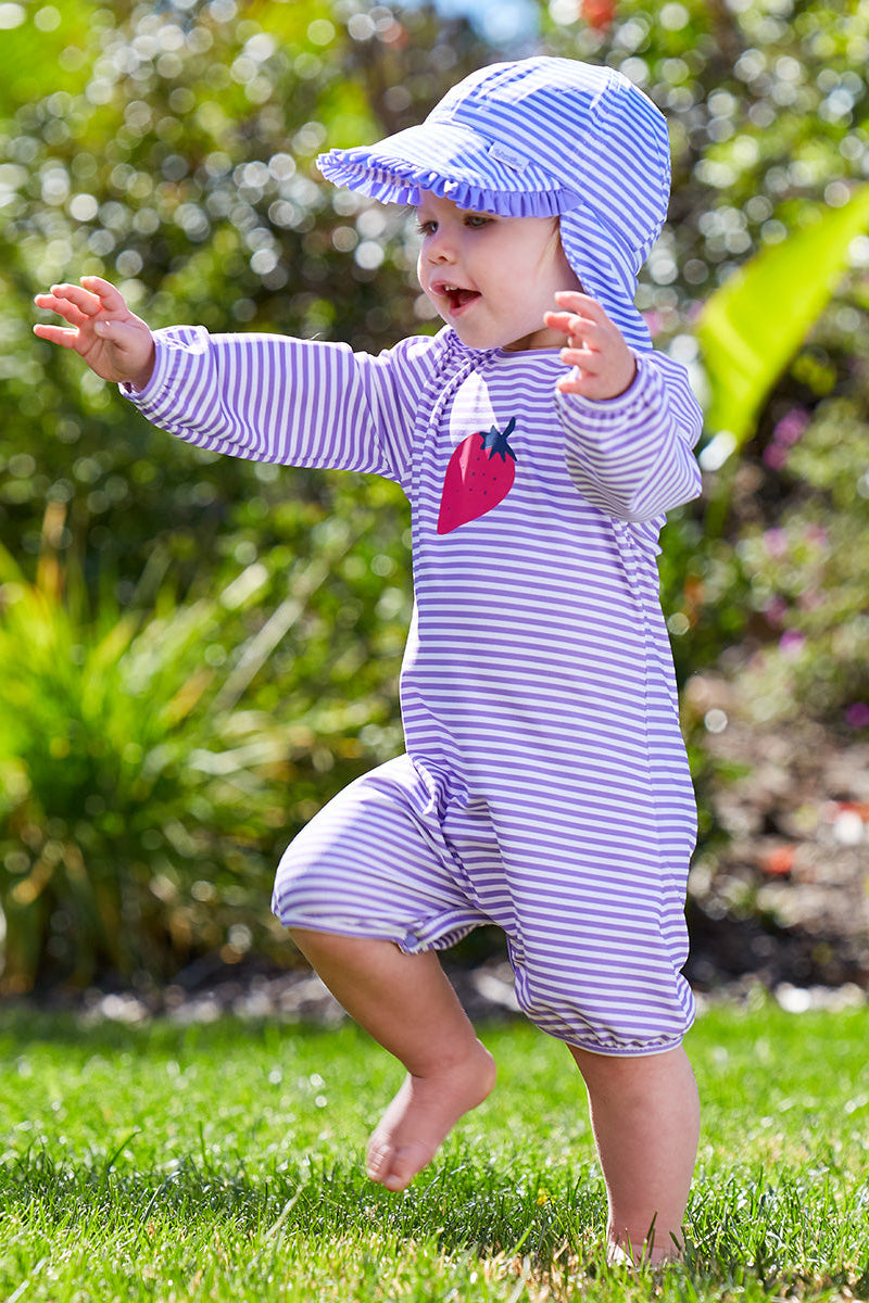 Little baby girl in Baby girl's hoodied sunzie in lavendar stripe|lavender-stripe