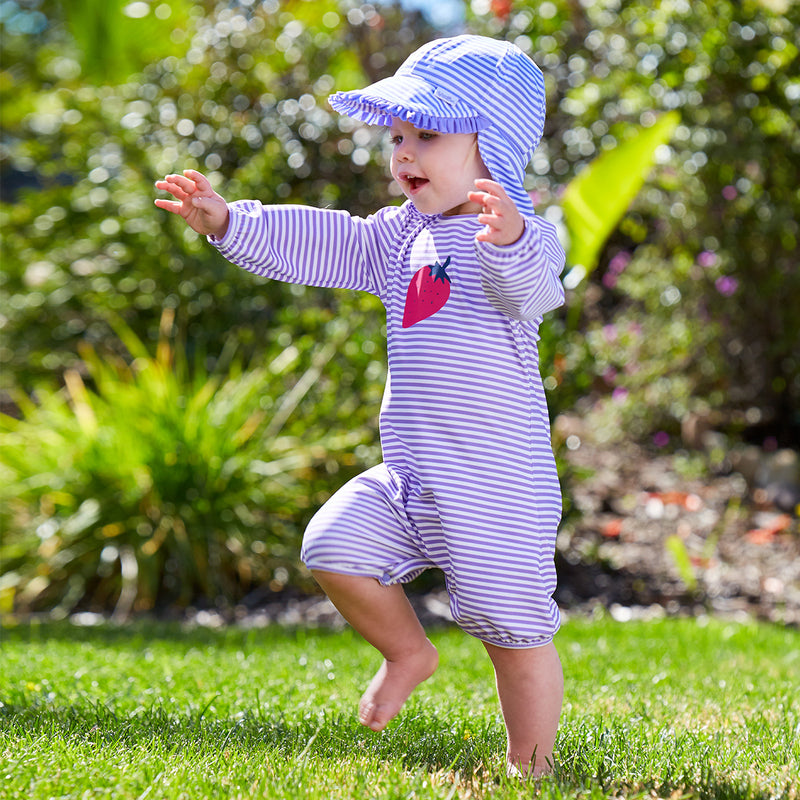 Little baby girl in Baby girl's hoodied sunzie in lavendar stripe|lavender-stripe