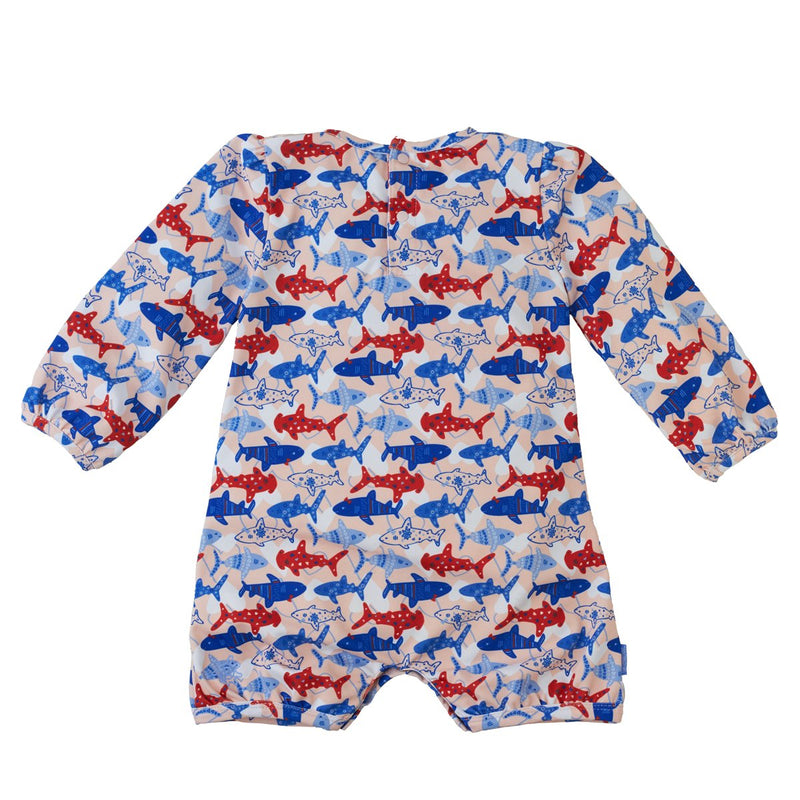back of the baby girl's one-piece swimsuit in americana girly sharks|americana-girly-sharks